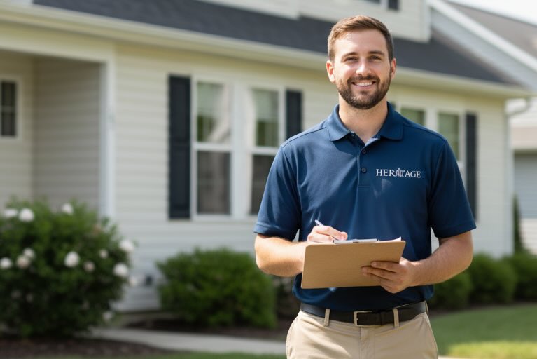 family outside home with luggage